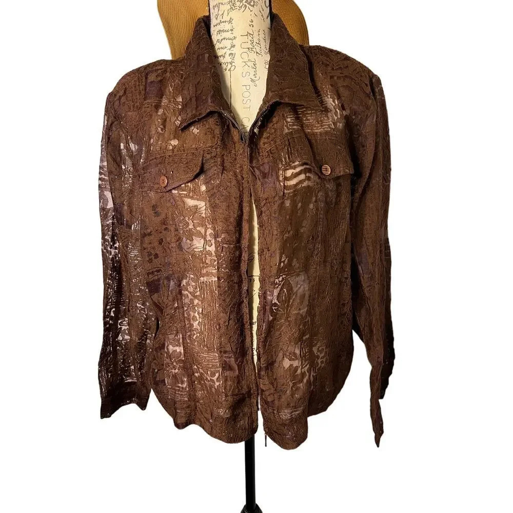 ELCC, lace sheer abstract floral print, long sleeve zip pocket XL jacket, flax